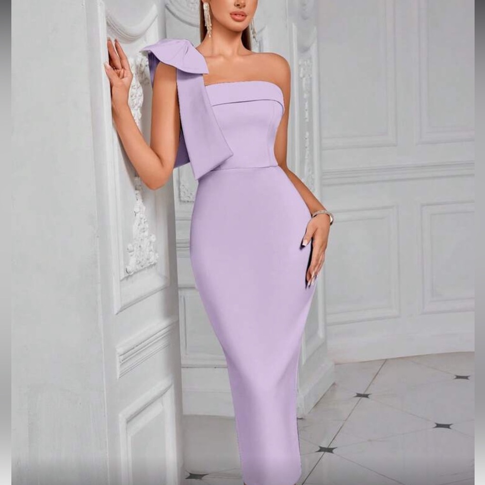 One-Shoulder Purple  Midi Dress with Bow Detail